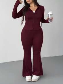 SHEIN EZwear 2 件套加大码前拉链长袖连帽运动衫和修身喇叭裤休闲运动服套装 - 酒紅色 - 查看 3