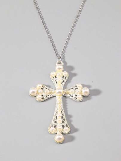 Goth 1pc Y2K Gothic Cross Faux Pearl Luxury Women's Necklace, Suitable For Dates, Festivals And Parties