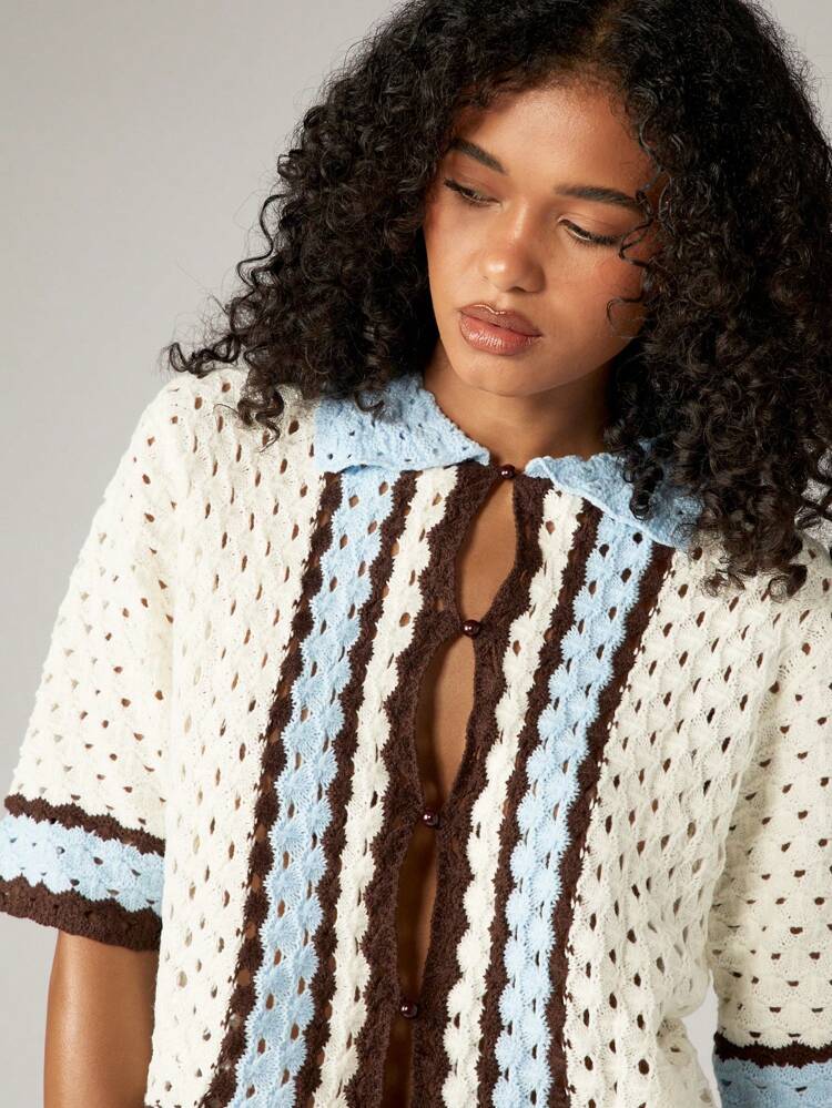 Crochet Knit Button Front Cardigan