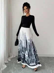 Rafferiza Women's Knitted 2 In 1 Long Sleeve Round Neck Patchwork Pleated Printed Maxi Dress,Black And White,Autumn,Elegant,Evening Wedding Guest Party Dress - Black - View 6