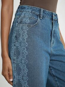 Daynim 女式花卉印花口袋阔腿休闲牛仔裤 - 中等水洗藍 - 查看 6