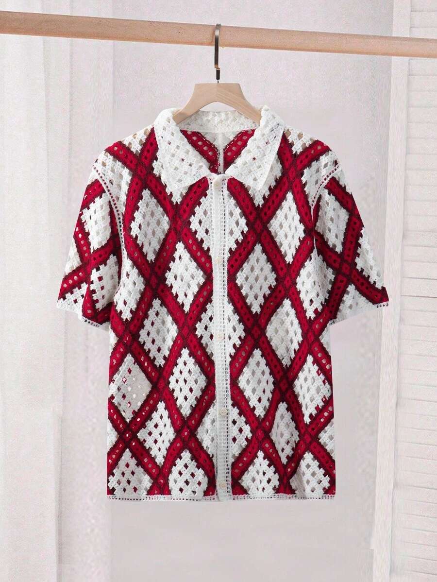 Claim Dot 男士夏季度假菱形网眼镂空针织衬衫