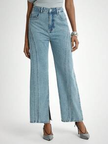 Daynim Calça jeans feminina casual com bolso de botão e perna reta - Lavagem Média - Ver 5