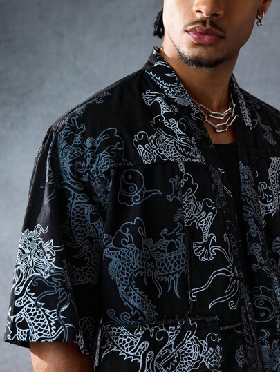 Anime Camisa vaquera de manga corta con estampado de dragón chino y cierre delantero para hombres