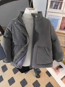 Genkimix Kids 男童休闲立领长袖宽松短款拉链口袋棉服外套，深灰色，秋冬 - 灰色 - 查看 4