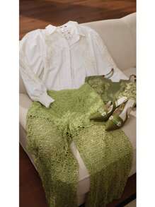 ZEYLAH Pantalones sueltos de encaje de pierna recta para vacaciones de mujer, primavera/verano - Verde - Ver 2