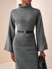 Zivah 2025 Herbst/Winter Neuerscheinung, Musikfestival, Abschlussfeier Saison, College Stil, Studentenmode, Alltags Lässig, Urlaub, Strand, Streetwear, Pendler Elegant, Outfit für Lehrerinnen, gehäkeltes grau meliertes Langarmkleid mit Schlitz an der Seite & weiten Ärmeln - Grau - Übersicht 7