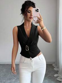 Elenzga 女式端庄复古风格金属黑纽扣衬衫 - 黑色 - 查看 6