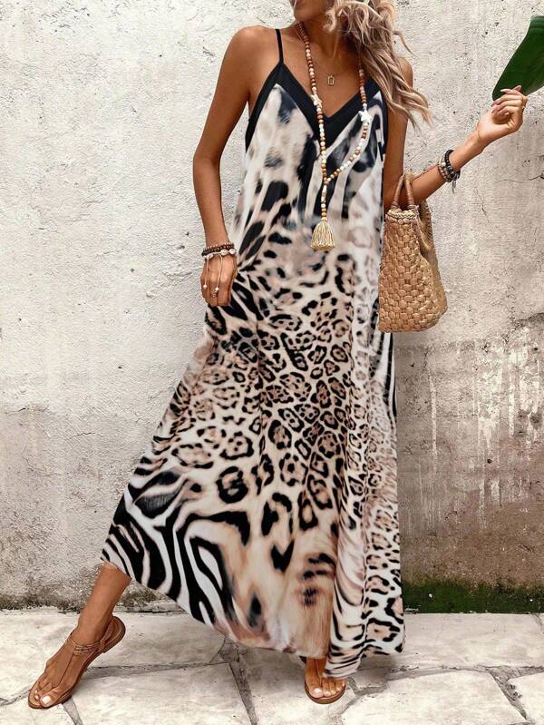 EMERY ROSE Women Leopard Print Sleeveless Dress, Casual Vacation Dress Maxi Vacation Beach Outfit