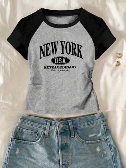 Girls' Raglan Sleeve Ruched Waist Short Sleeve Top, Minimalist Letter Print, Versatile For Daily Wear, Suitable For Summer & Autumn New York Shirt New York T Shirt Usa T Shirt Teen Girl Shirts Crop Top Teen Summer Holiday