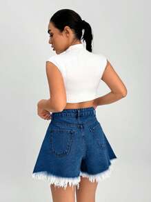 SHEIN Cottnline WOMEN RAW HEM DENIM MINI SHORTS BLUE - Royal Blue - View 2