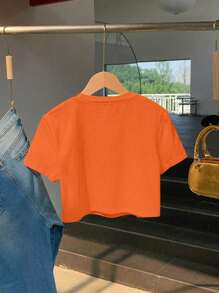 大码夏季休闲字母图案圆领短袖短款T恤