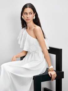 Lumivelle Women's Patchwork Ruffle Hem Embroidered Shoulder Fashion Dress All White Summer Dress Clothes For University - White - View 7