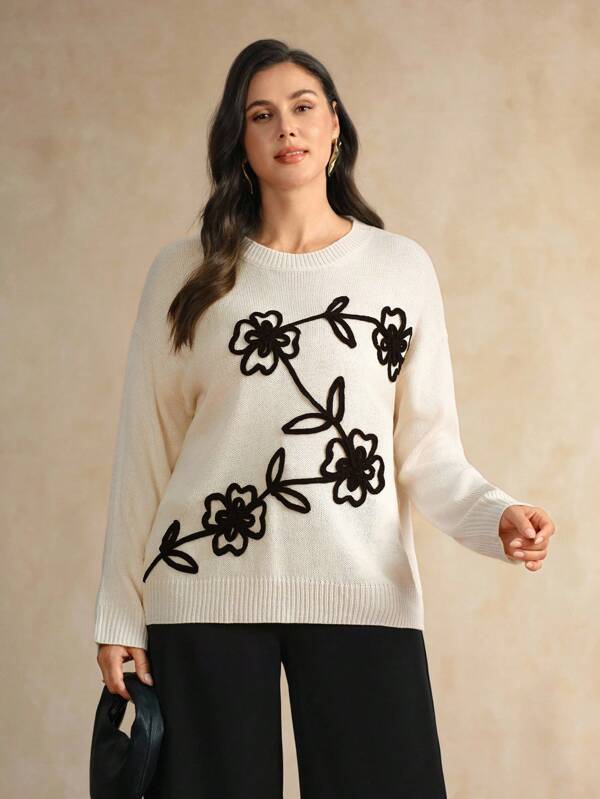 Flouryn Eleganter Pullover mit Blumen-Jacquard Muster in Große Größen, geeignet für den Berufsalltag