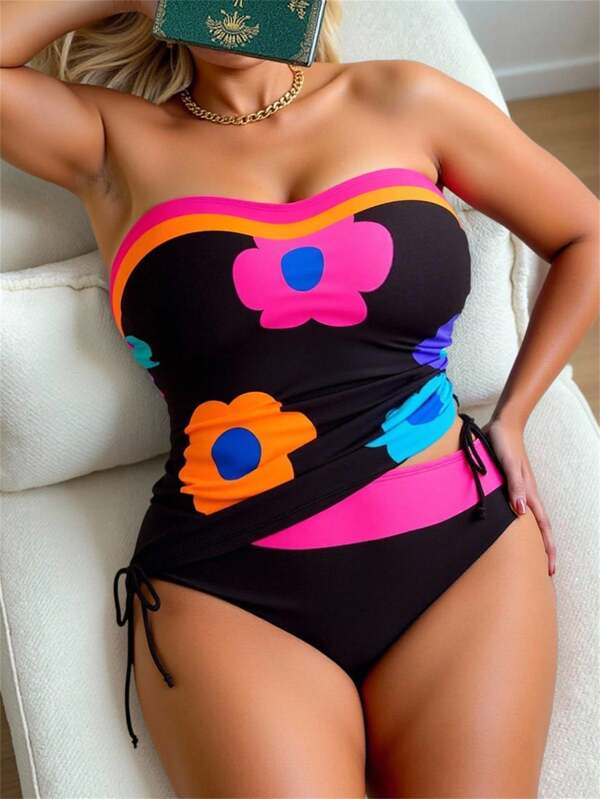 SHEIN CURVE+ Conjunto de tankini de traje de baño con estampado floral para mujer de talla grande, estilo conservador