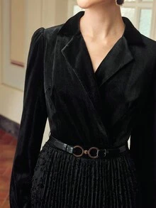 ZEYLAH 女式长袖天鹅绒褶饰拼布西装外套式连衣裙，秋冬 - 黑色 - 查看 2