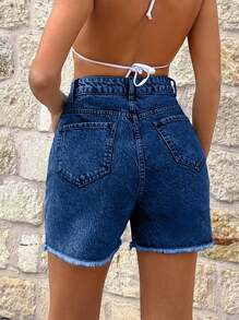 EURMUSE 100%Cotton HEART POCKET DETAIL HIGH WAIST SHORT - Medium Wash - View 2