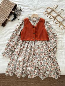 LMoss Kids Set de chaleco casual de unicolor tejido y vestido floral diminuto para niña preadolescente - Multicolor - Ver 5