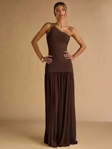 SHEIN BAE 女士杏色不对称肩部金属扣装饰紧身连衣裙，透明下摆，优雅 - 咖啡棕 - 查看 5