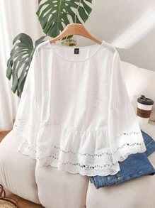 CosyJoli Plus Size Women's Solid Color Hollow Out Ruffle Hem Round Neck Blouse,Slightly Sheer