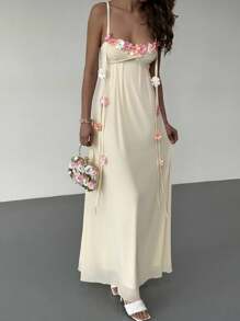 Aloruh 女士优雅 3D 花卉装饰吊带裙，夏季 - 杏色 - 查看 4