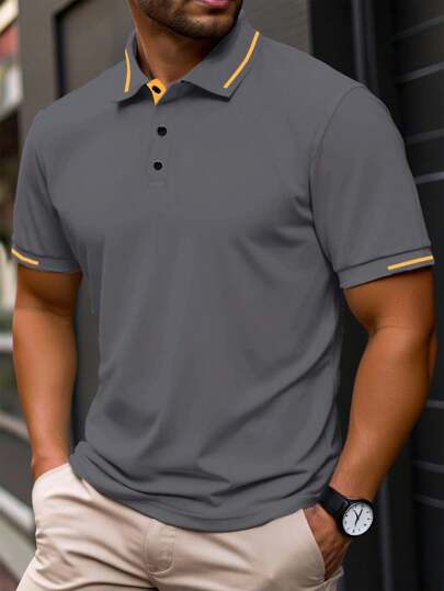 Manfinity Homme Plus Size Men's Contrast Trim Button Polo Shirt, Summer