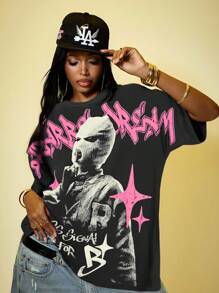 ROMWE Street Life Women's Casual Fashion Street Personalized & Letter Print Short Sleeve T-Shirt, Summer - Grey - View 3