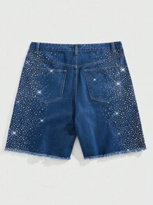 ROMWE MEN Street Life Shorts vaqueros de verano para hombres con bolsillos en diagonal y desgastados con aplicaciones de rhinestones - Azul - Ver 2