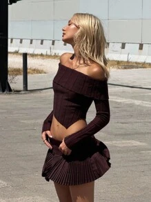 SHEIN ICON Women's Solid Color Off Shoulder Long Sleeve Asymmetric Hem Cropped Sweater And Pleated Knit Mini Skirt 2 Pieces Set Fall Women Clothes - Brown - View 1