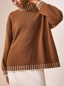 Zivah 秋冬灯笼袖毛衣，厚款半高领休闲宽松撞色套头衫 - 棕色 - 查看 4