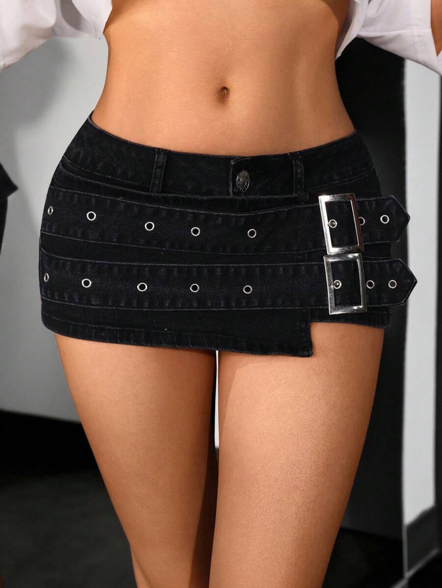 Jeanoix 女式可调节扣式超低腰牛仔迷你短裙 - 黑色 - 查看 1