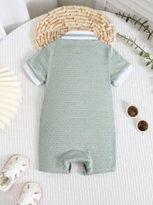新生儿男/女宝宝绿色纹理柔软舒适提花面料撞色针织柔软polo领短袖半拉链连体短裤，适合度假、居家和外出穿着。 - 薄荷綠 - 查看 8
