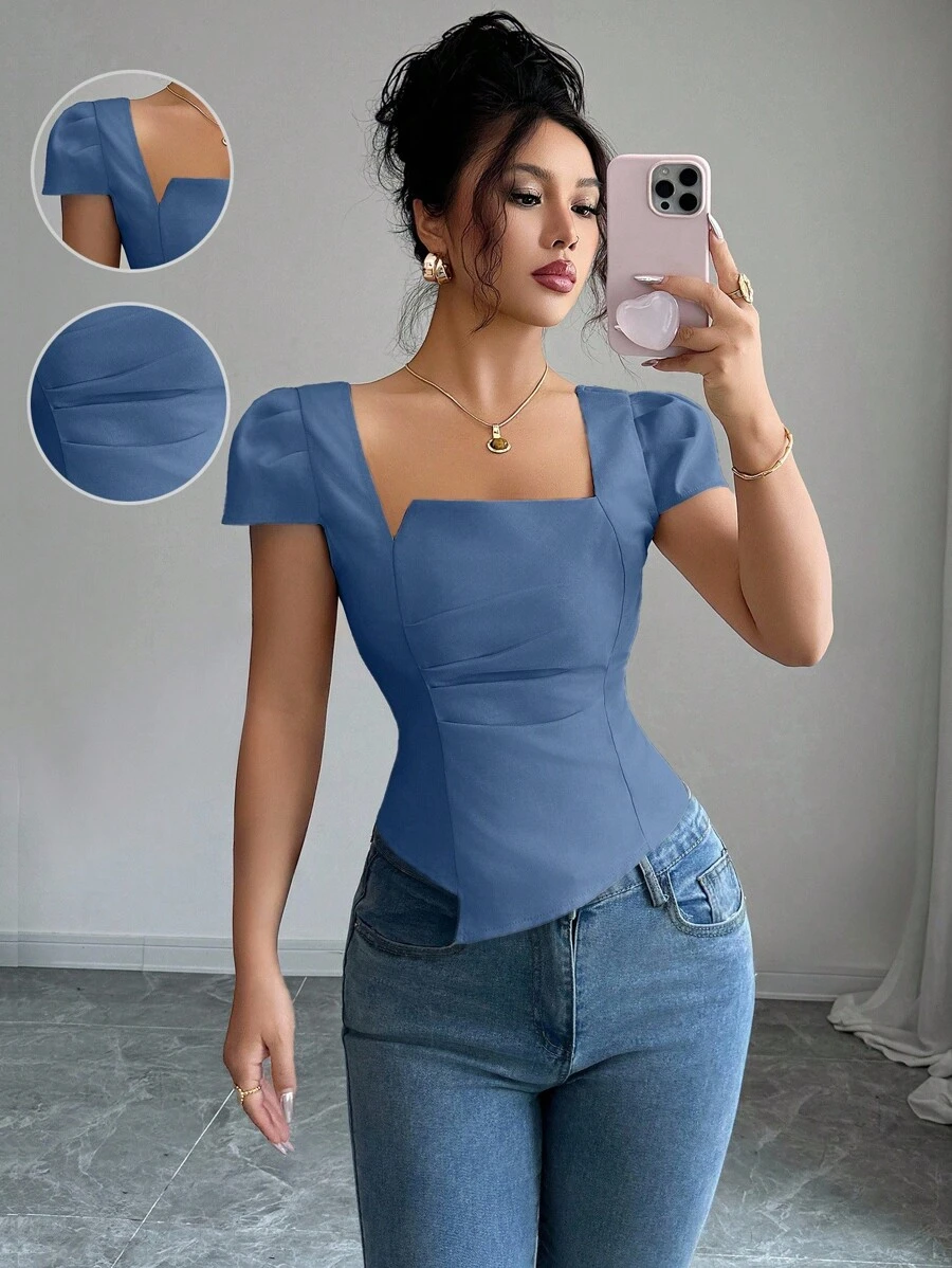 Elenzga Camisas elegantes de verano para damas - Azul - Ver 1