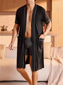 Manfinity Underwear&Sleepwear Basics 3 件男士宽松长袖长袍，带双口袋 - 黑與白 - 查看 6