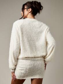 MISSGUIDED 蓬松安哥拉毛绒针织长袖迷你毛衣裙冬季舒适休闲假日派对束腰连衣裙，配有落肩家居服