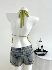 Elamini 女式绿色串珠刺绣亮片雪纺抽绳露背荷叶边休闲度假机场上衣，夏季