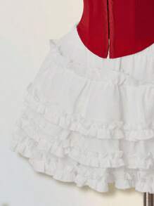 SHEIN ICON 女式鱼骨文胸上衣和褶皱荷叶边下摆裙两件套，性感唇彩蛋糕裙适合派对、生日、休闲装、秋冬季女装 - 紅白色 - 查看 11