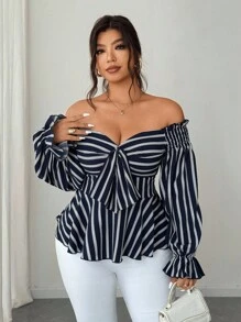 Elenzga Plus Size Off-Shoulder Long Sleeve Casual Vacation Blouse Fall Cloth For Women - Navy Blue - View 2