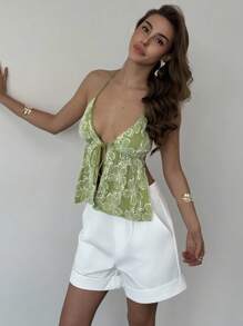 Aloruh 女士度假贴纸装饰性感系带前露背上衣，夏季海滩，波西米亚热带度假狂欢节乡村音乐会伊比沙岛纳什维尔西部服饰 - 綠色 - 查看 7