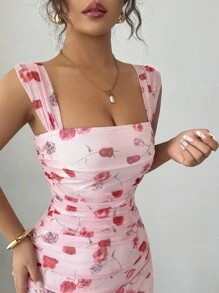 Elenzga Đầm maxi nữ dáng chữ A cổ vuông, chất liệu lưới, in hoa, xếp ly eo, thanh lịch, thích hợp cho hẹn hò, du lịch, tôn dáng, mùa xuân/hè. - Nhiều màu - Xem 2