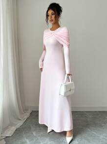 Elenzga Elegant Urban Women's Detachable Shawl Collar Long Sleeve Slim Fit Light Pink Dress,Autumn Tea Party Dress For Commuting And Fall Cloth - Pink - View 5