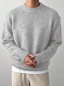 DAZY 男士纯色休闲日常简约百搭宽松落肩毛衣，适合秋季 - 灰色 - 查看 3