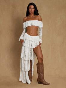 Glamine 2件套蕾丝荷叶边浪漫海滩度假套装，夏季 - 白色 - 查看 4