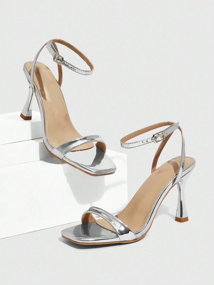 CUCCOO SZL Women's Fashionable Silver Minimalist Ankle Strap High Heel Square Toe Sandals, Suitable For Commuting, Dating, And Parties For Christmas Spring Shoes Prom Heels