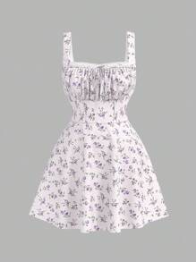 SHEIN MOD 大码女式方领蕾丝装饰露背系带花卉度假浪漫长裙，适合约会、返校大码挤奶女工连衣裙，生日女士休闲连衣裙，婚礼宾客女士连衣裙，女士生日连衣裙，适合约会、生日、初秋、温布尔登风格、温布尔登服装 - 彩色 - 查看 4