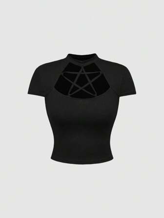 Goth Maglietta aderente estiva da donna con lacci e stella a cinque punte cava sul davanti, stile gotico