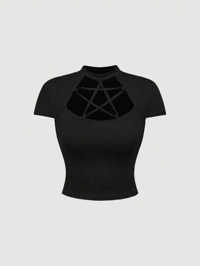 T-shirt moulant à lacets gothique pour femmes avec étoile à cinq branches ajourée, été