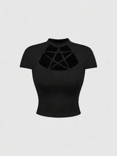 ROMWE T-shirt moulant à lacets gothique pour femmes avec étoile à cinq branches ajourée, été