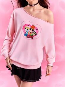 THE POWERPUFF GIRLS X SHEIN 女式不对称领口花朵、泡泡、毛茛花图案长袖运动衫 - 粉色 - 查看 1