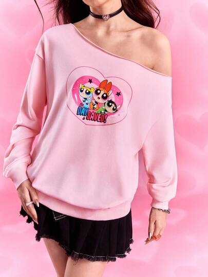 THE POWERPUFF GIRLS X SHEIN Sudadera de manga larga con cuello asimétrico, patrón de flor, burbujas y ranúnculo para mujer